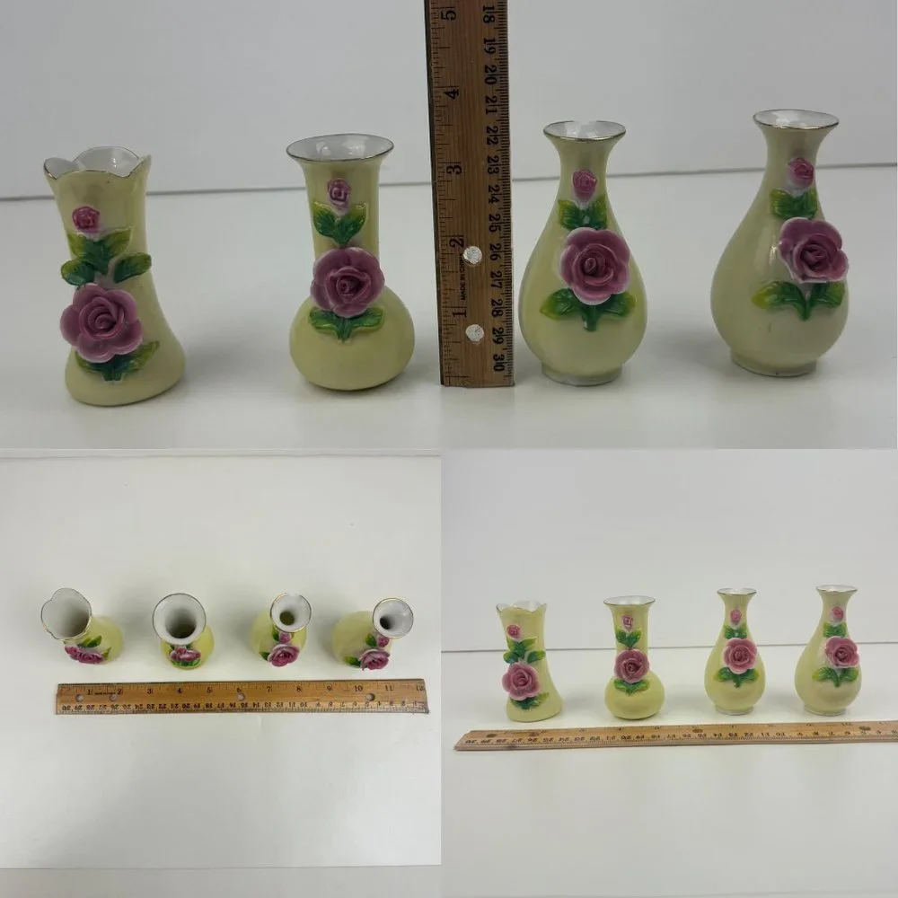 Vtg 40s/50s Maruyama Miniature Small‎ Vases Pink Rose Floral Japan Damaged READ